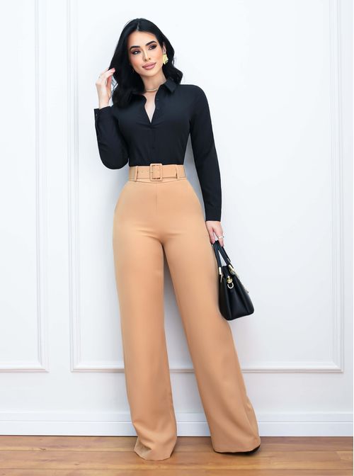 Calça Pantalona c/ Cinto Fivela Quadrada