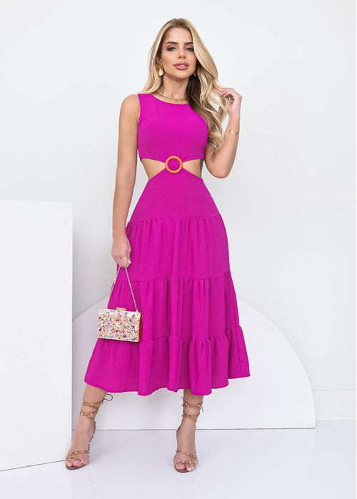 Vestido Midi Tiered Recorte c/ Fivela Liso