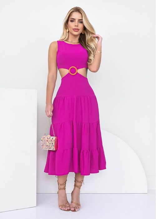Vestido Midi Tiered Recorte c/ Fivela Liso