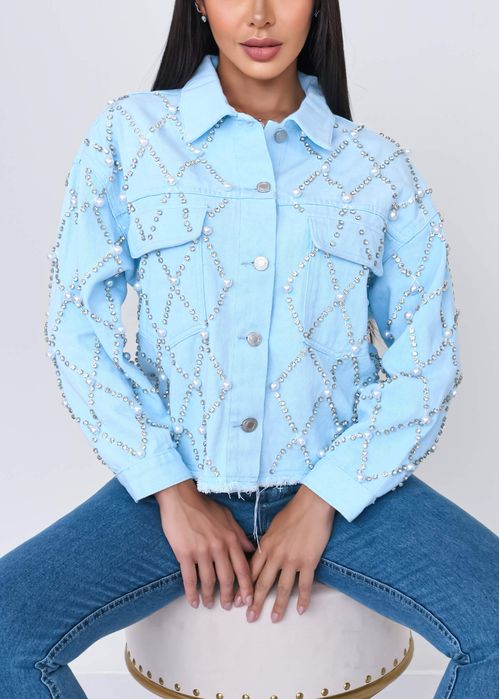 Jaqueta Jeans Xadrez Aplicações Strass