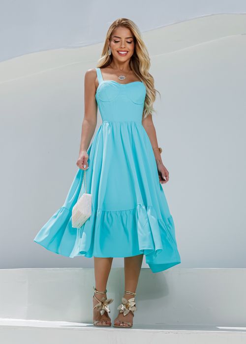 Vestido Midi c/ Babado Decote Taça Liso