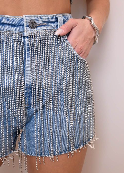 Shorts Jeans Fringe Strass Cristal Chains
