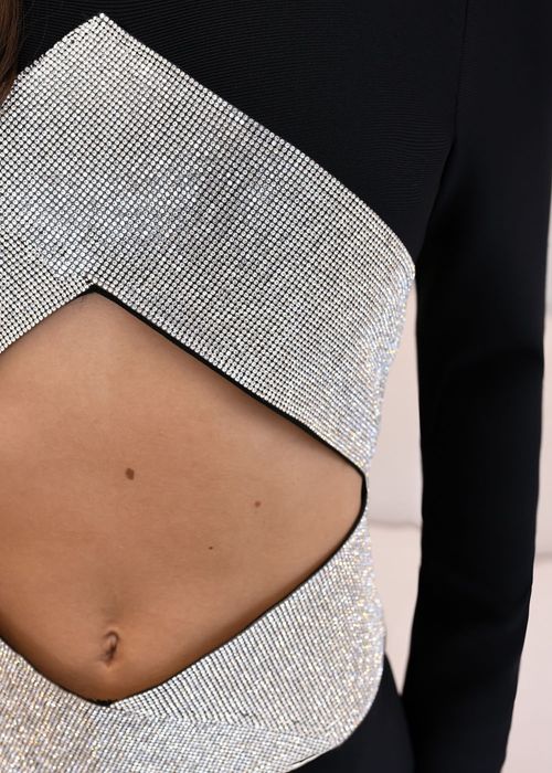 Vestido Curto Manga Longa Losango Strass