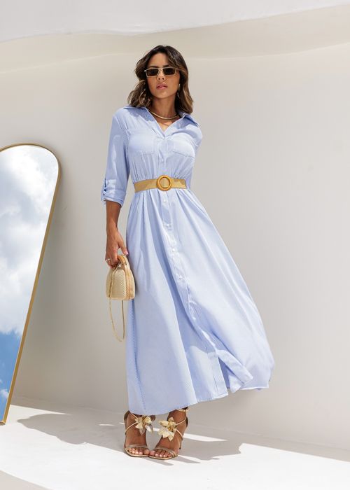 Vestido Manga Longa Listrado c/ Cinto
