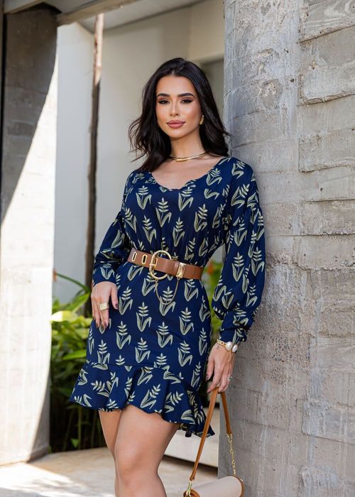 Vestido Curto Manga Longa Estampado