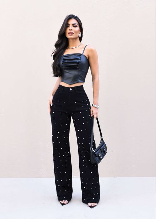 Calça Wide Leg Strass Silver