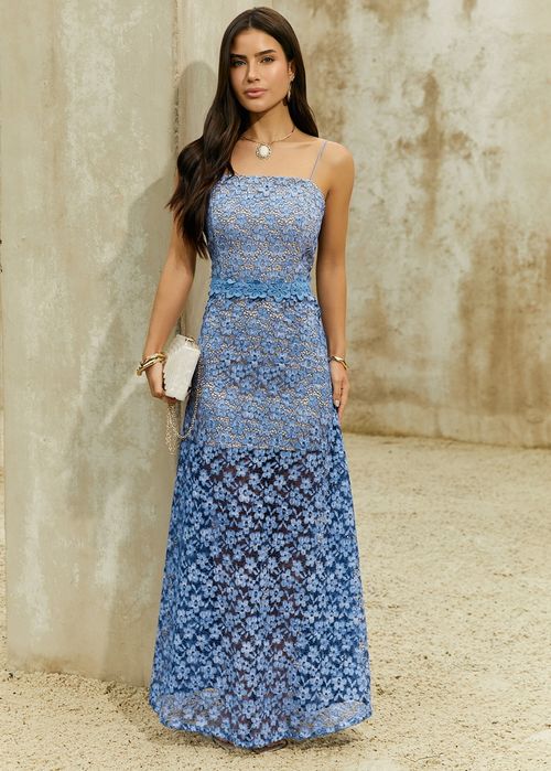 Vestido Longo Alça Fina Renda