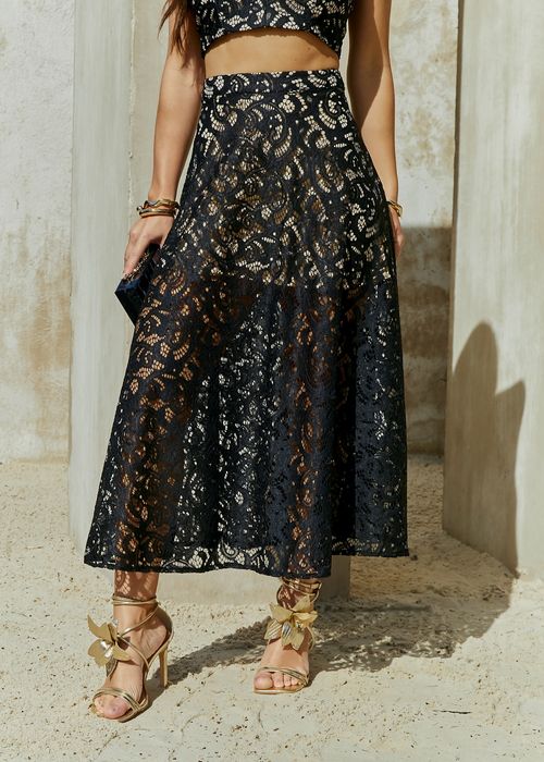 Saia Midi Renda Floral