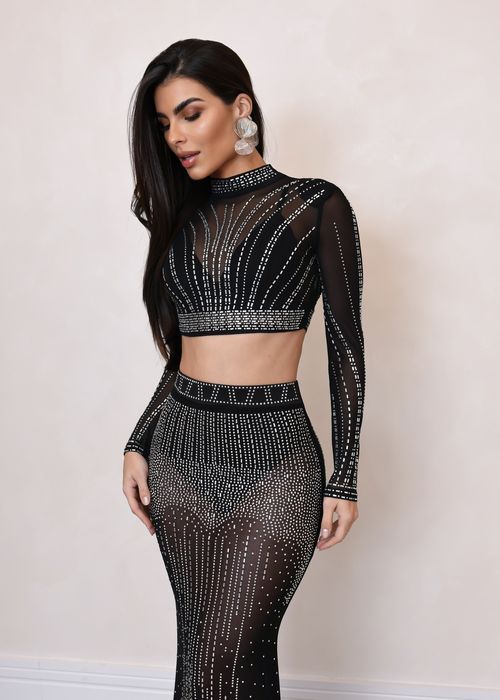 Cropped Manga Longa Aplicação Strass