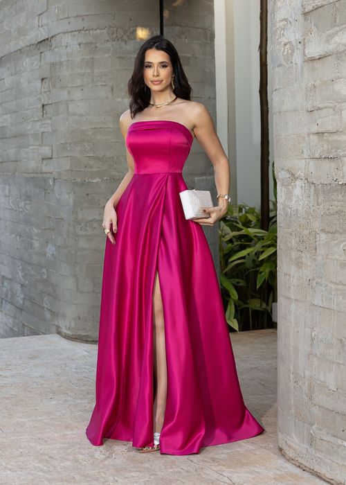 Vestido Longo Strapless Fenda Glossy