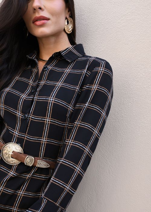 Vestido Quadriculado Manga Flare