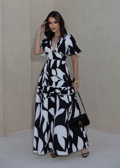 Vestido Longo Casual Manga Curta c/ Elástico e Forro
