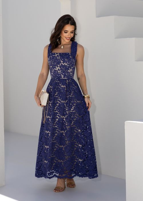 Vestido Longo Alça Fina Renda Laço
