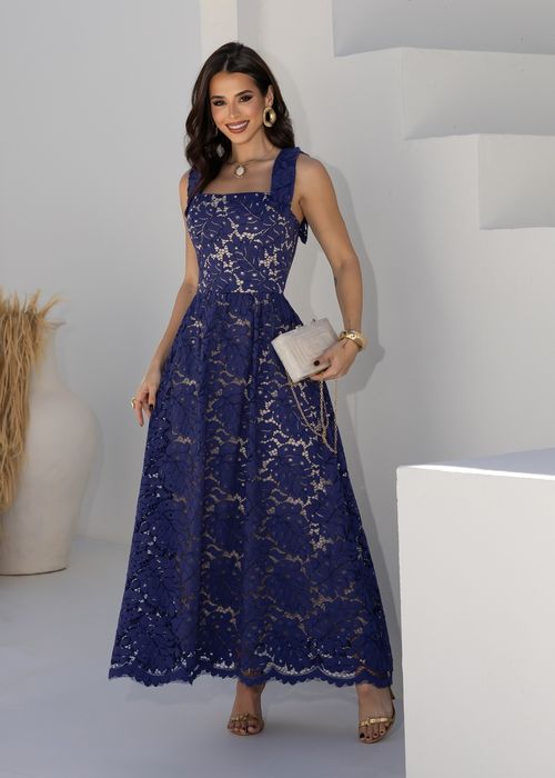 Vestido Longo Alça Fina Renda Laço
