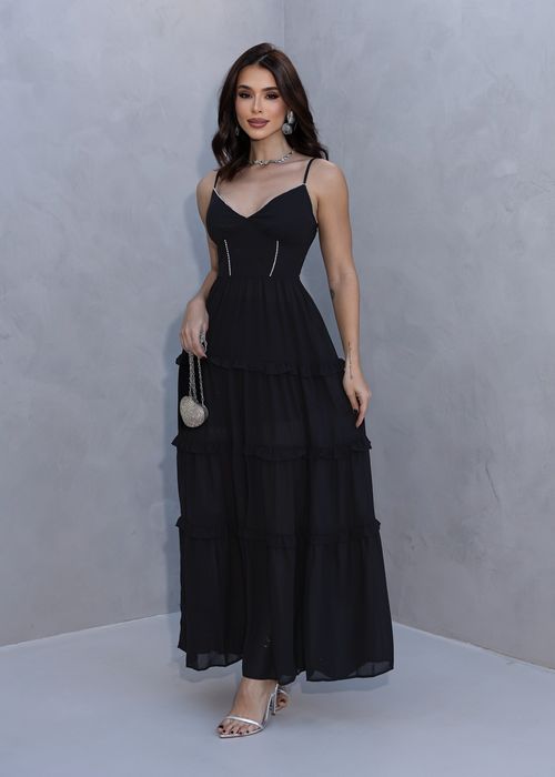 Vestido Longo Casual Chic Alça Fina c/ Strass