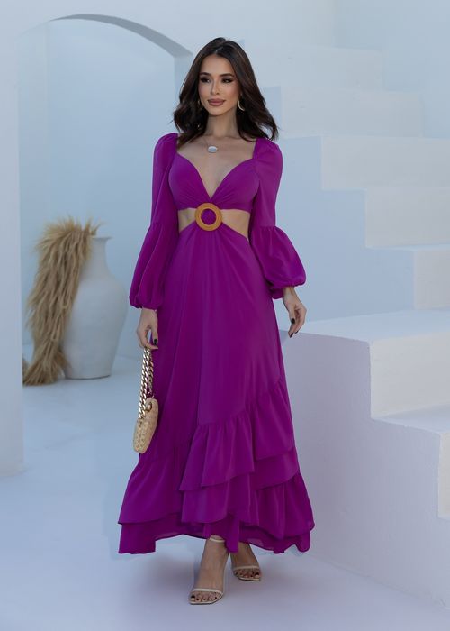 Vestido Longo Manga Bufante Lateral Vazado