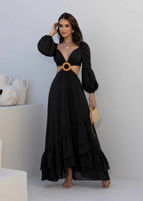 Vestido Longo Manga Bufante Lateral Vazado