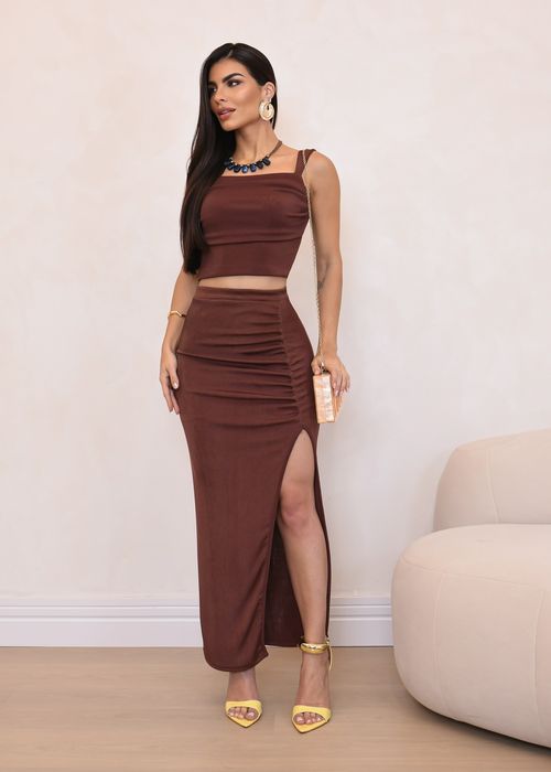 Conjunto Cropped Regata Franzida Slink/ Saia Longa c/ Fenda