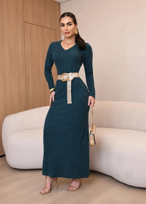 Vestido Longo Canelado Manga Longa