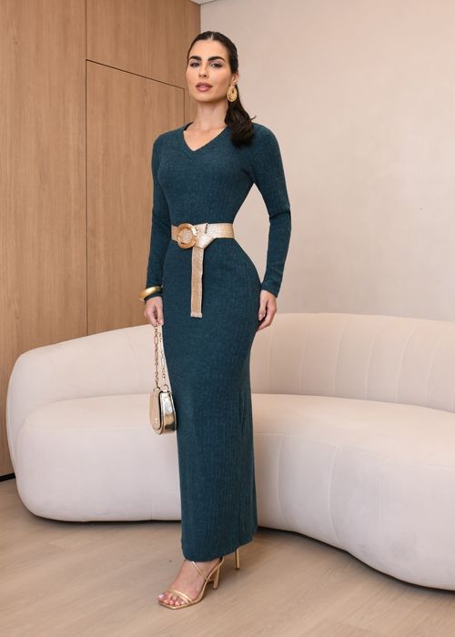 Vestido Longo Canelado Manga Longa