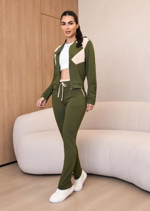 Conjunto Sporty Chic Cropped Manga Longa c/ Ziper/ Calça Wide Leg