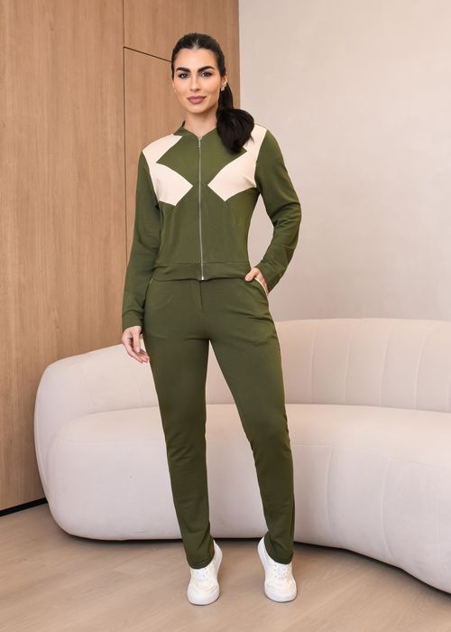Conjunto Sporty Chic Cropped Manga Longa c/ Ziper/ Calça Wide Leg