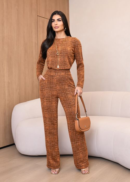 Conjunto Cropped Tweed Manga Longa/ Calça Wide Leg