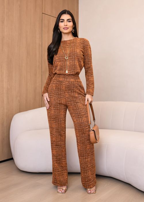 Conjunto Cropped Tweed Manga Longa/ Calça Wide Leg