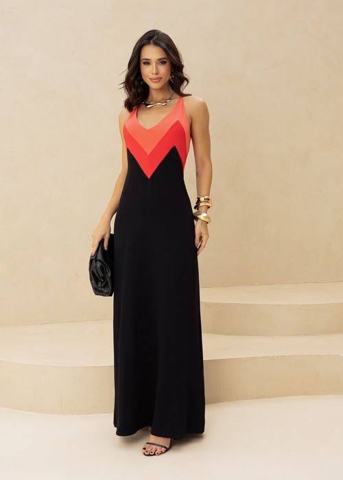 Vestido Longo de Alça Fina c/ Recorte Chevron