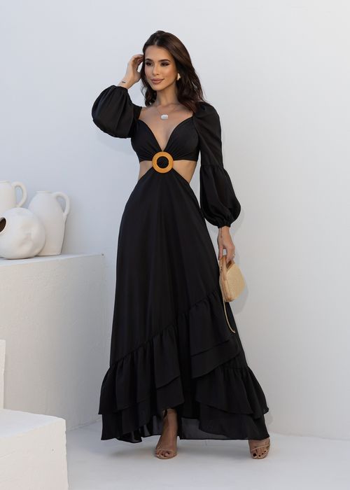 Vestido Longo Manga Bufante Lateral Vazado