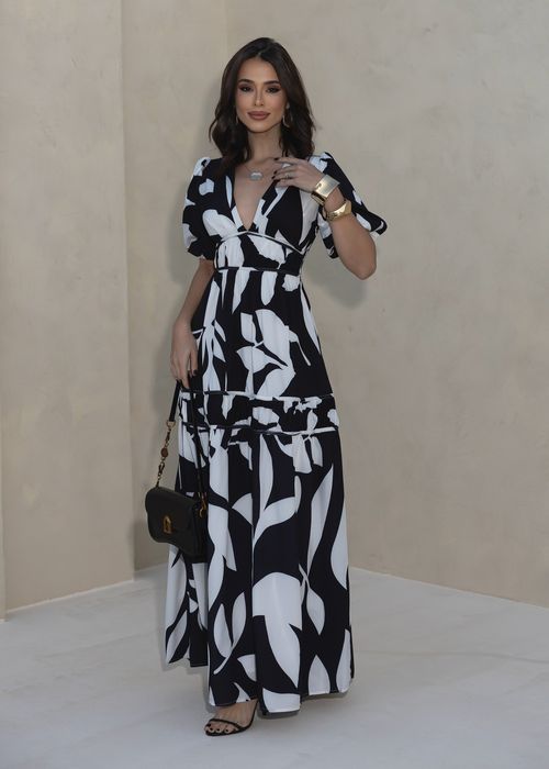 Vestido Longo Casual Manga Curta c/ Elástico e Forro