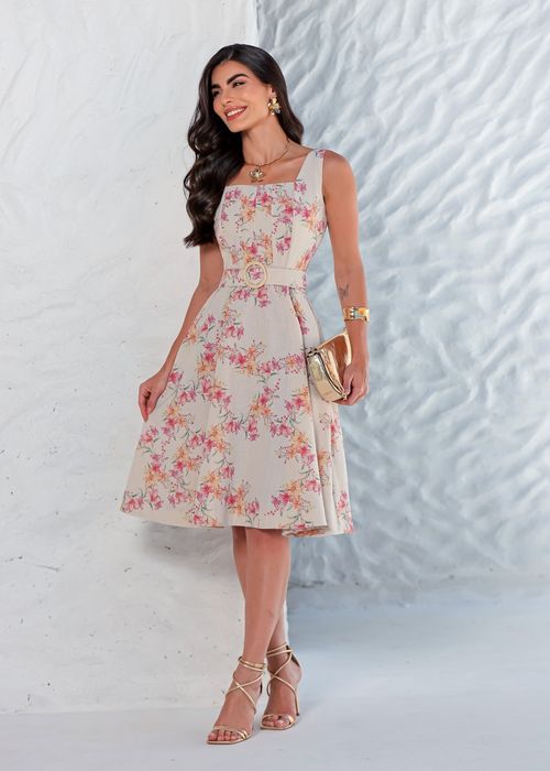 Vestido Evasê Floral c/ Cinto