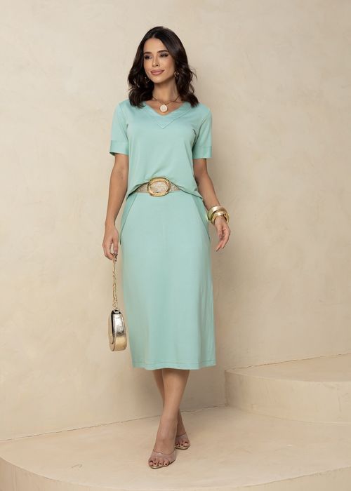 Conjunto Blusa Manga Curta/ Saia Midi c/ Fenda Lateral