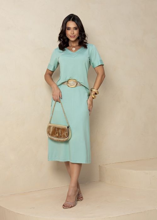 Conjunto Blusa Manga Curta/ Saia Midi c/ Fenda Lateral