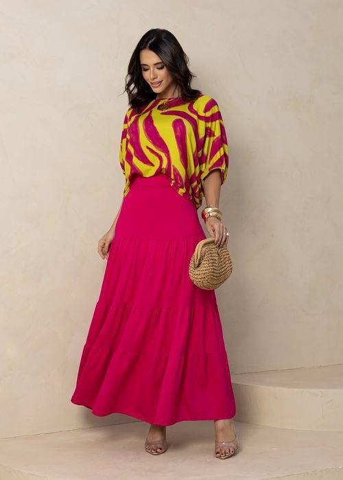Conjunto Blusa Manga Morcego Estampada c/ Saia Longa Três Marias