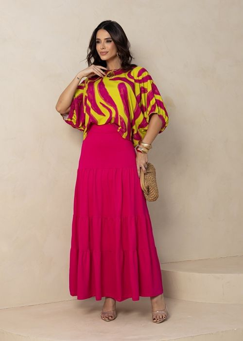 Conjunto Blusa Manga Morcego Estampada c/ Saia Longa Três Marias