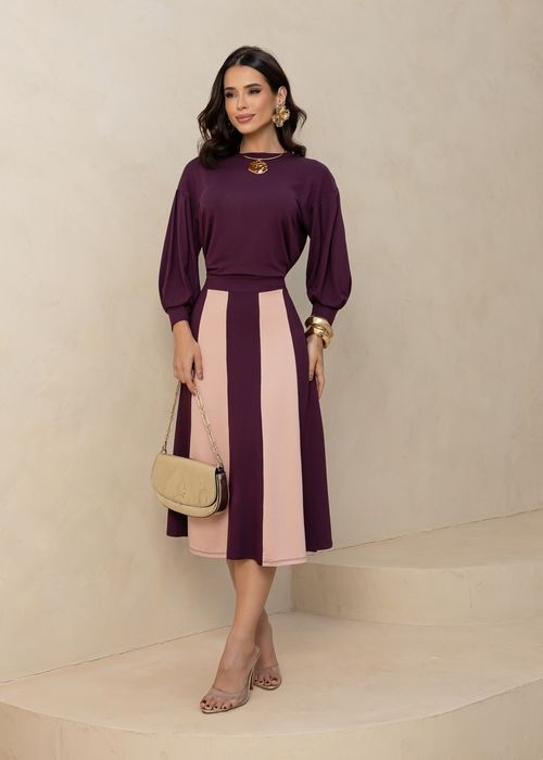 Conjunto Bicolor Blusa Manga Bufante/ Saia Midi Evasê