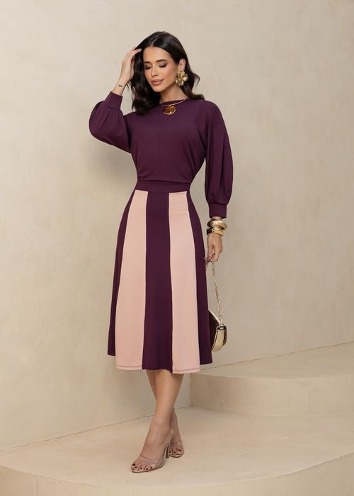 Conjunto Bicolor Blusa Manga Bufante/ Saia Midi Evasê