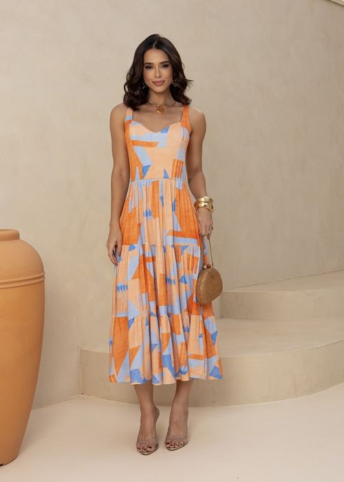 Vestido Midi Três Marias c/ Estampa Geométrica e Busto Estruturado