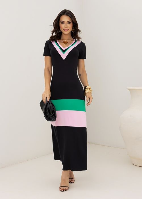 Vestido Longo Color Block c/ Decote V Contrastante e Fenda Lateral
