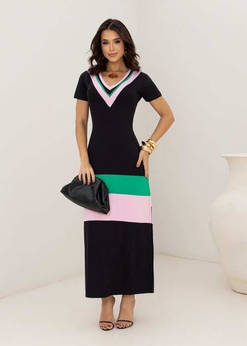 Vestido Longo Color Block c/ Decote V Contrastante e Fenda Lateral