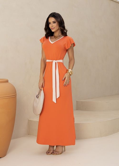 Vestido Longo Manga Curta c/ Laço de Amarração