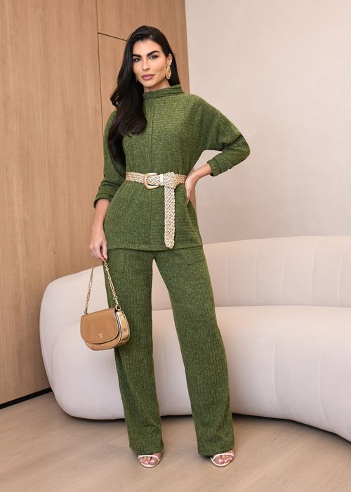 Conjunto Blusa Gola Alta Malha Canelada/ Calça Pantalona