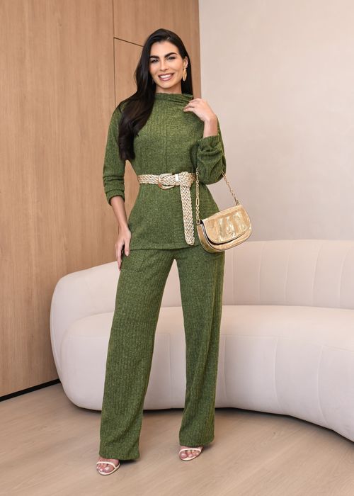 Conjunto Blusa Gola Alta Malha Canelada/ Calça Pantalona