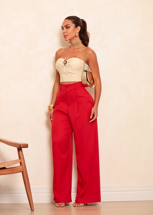 Calça Pantalona Alfaiataria c/ Bolsos e Pregas Frontais