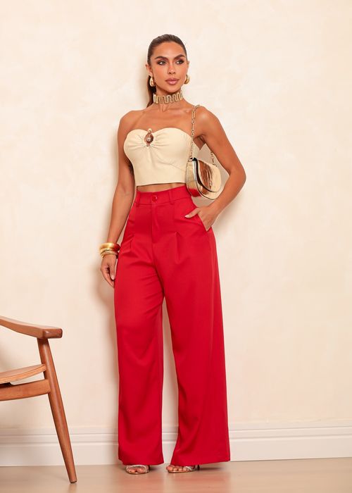 Calça Pantalona Alfaiataria c/ Bolsos e Pregas Frontais