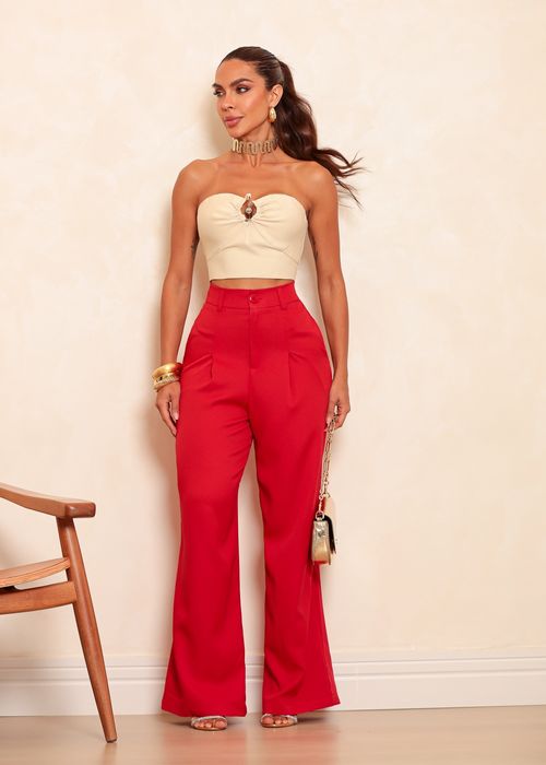 Calça Pantalona Alfaiataria c/ Bolsos e Pregas Frontais