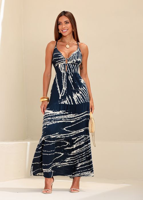 Vestido Longo Estampado Tropically Azul Marinho