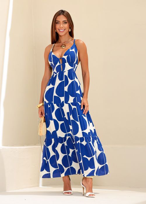 Vestido Longo Estampado Tropically Azul
