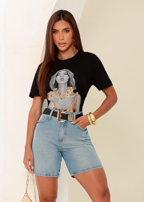 Camiseta Meia Malha Girl Gold Com Aplicação de Hot Fix
